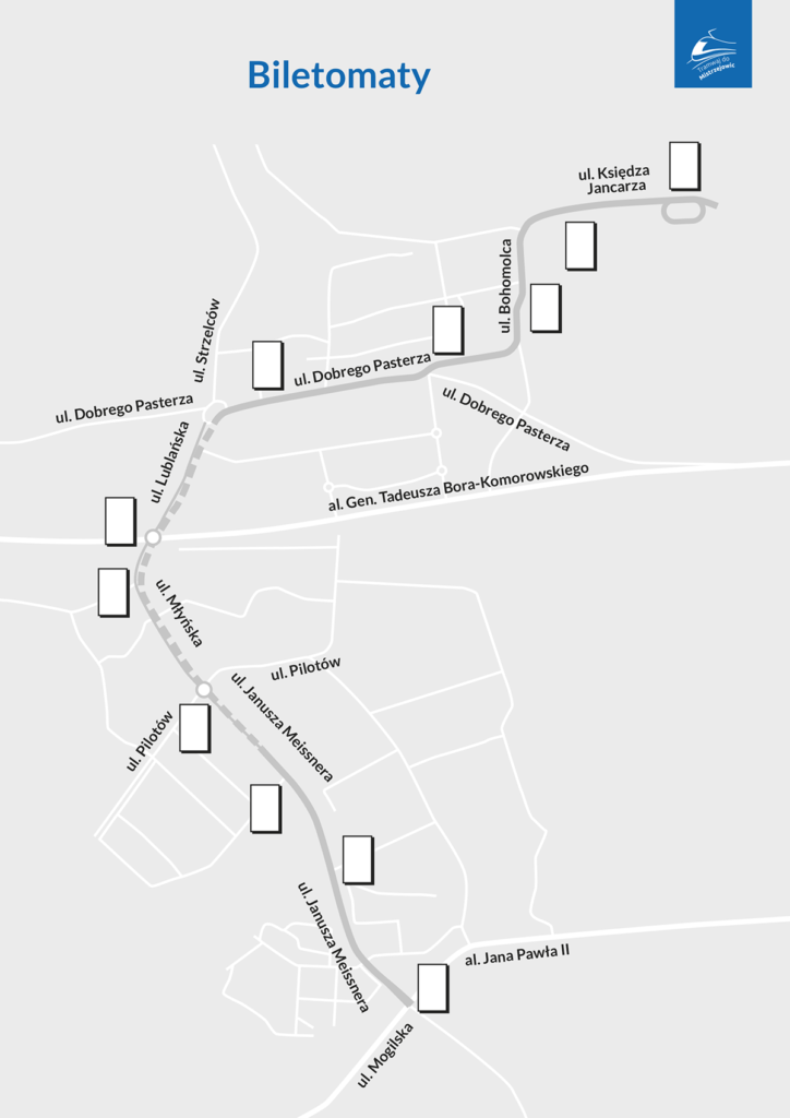 Mapa podglądowa zaplanowanych lokalizacji biletomatów